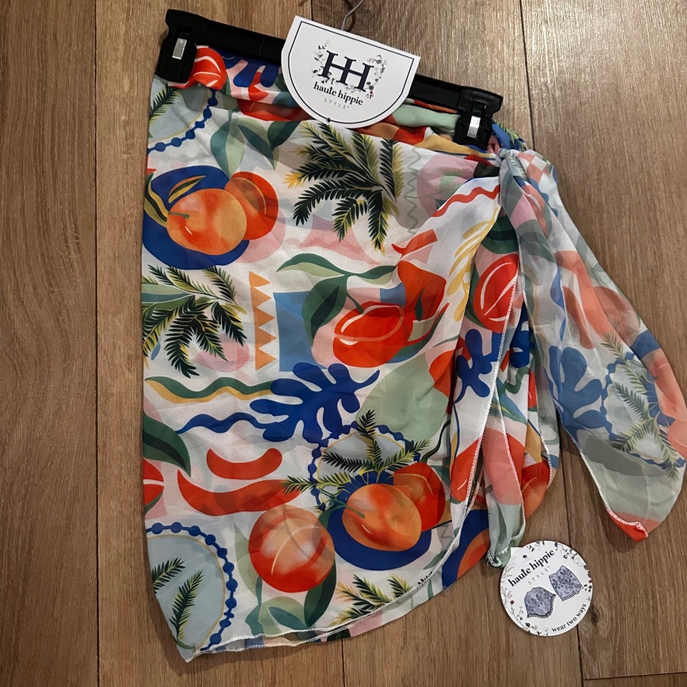 Haute Hippie Style Tropical Fruit Print Sarong Wrap Skirt Shawl Two Ways NWT